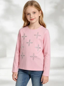Sweet Junior T-shirt da bambina a maniche lunghe con strass e perle - rosa