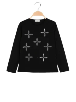 Sweet Junior T-shirt da bambina a maniche lunghe con strass e perle - nero