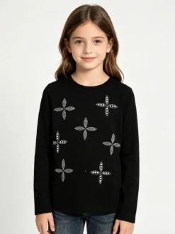 Sweet Junior T-shirt da bambina a maniche lunghe con strass e perle - nero