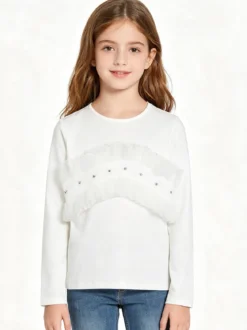 Sweet Junior T-shirt da bambina a maniche lunghe con tulle e strass - bianco