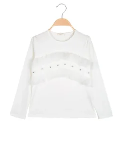 Sweet Junior T-shirt da bambina a maniche lunghe con tulle e strass - bianco