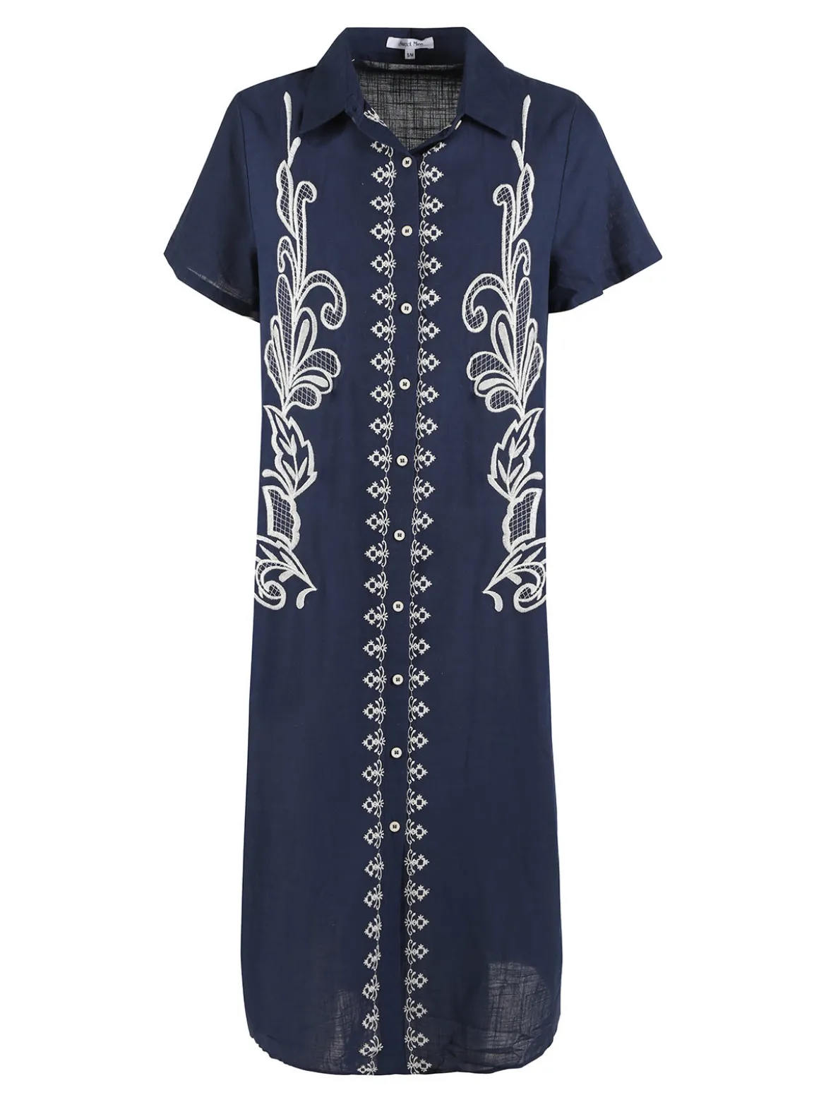 Sweet Miss Abito donna a maniche corte in misto lino con ricami - blu