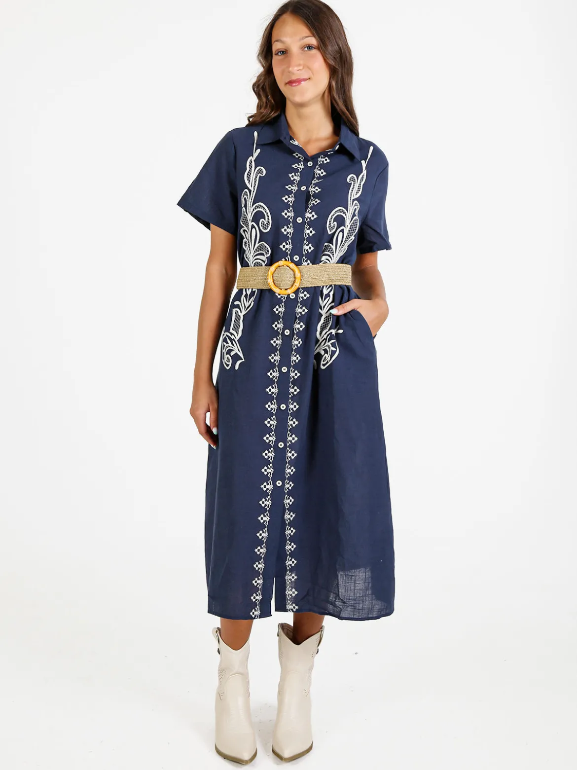 Sweet Miss Abito donna a maniche corte in misto lino con ricami - blu