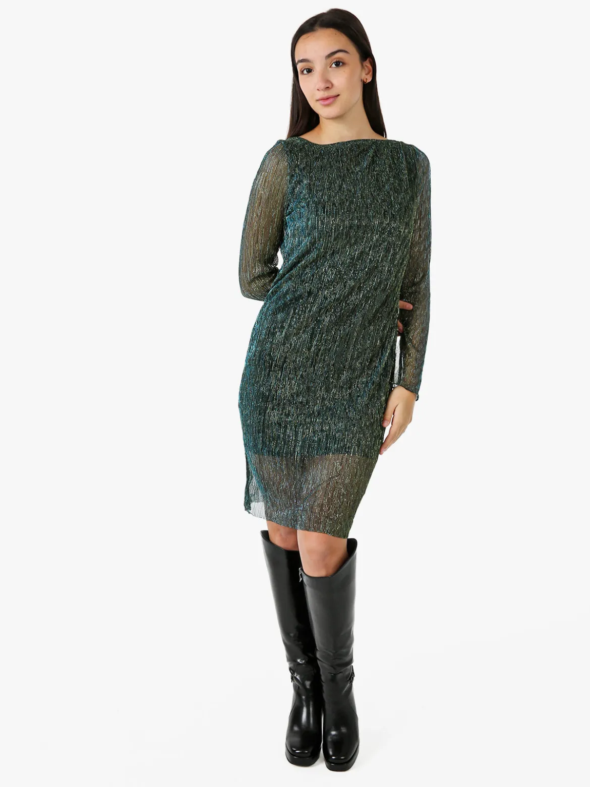 Sweet Miss Abito donna in lurex con maniche lunghe velate - ottanio