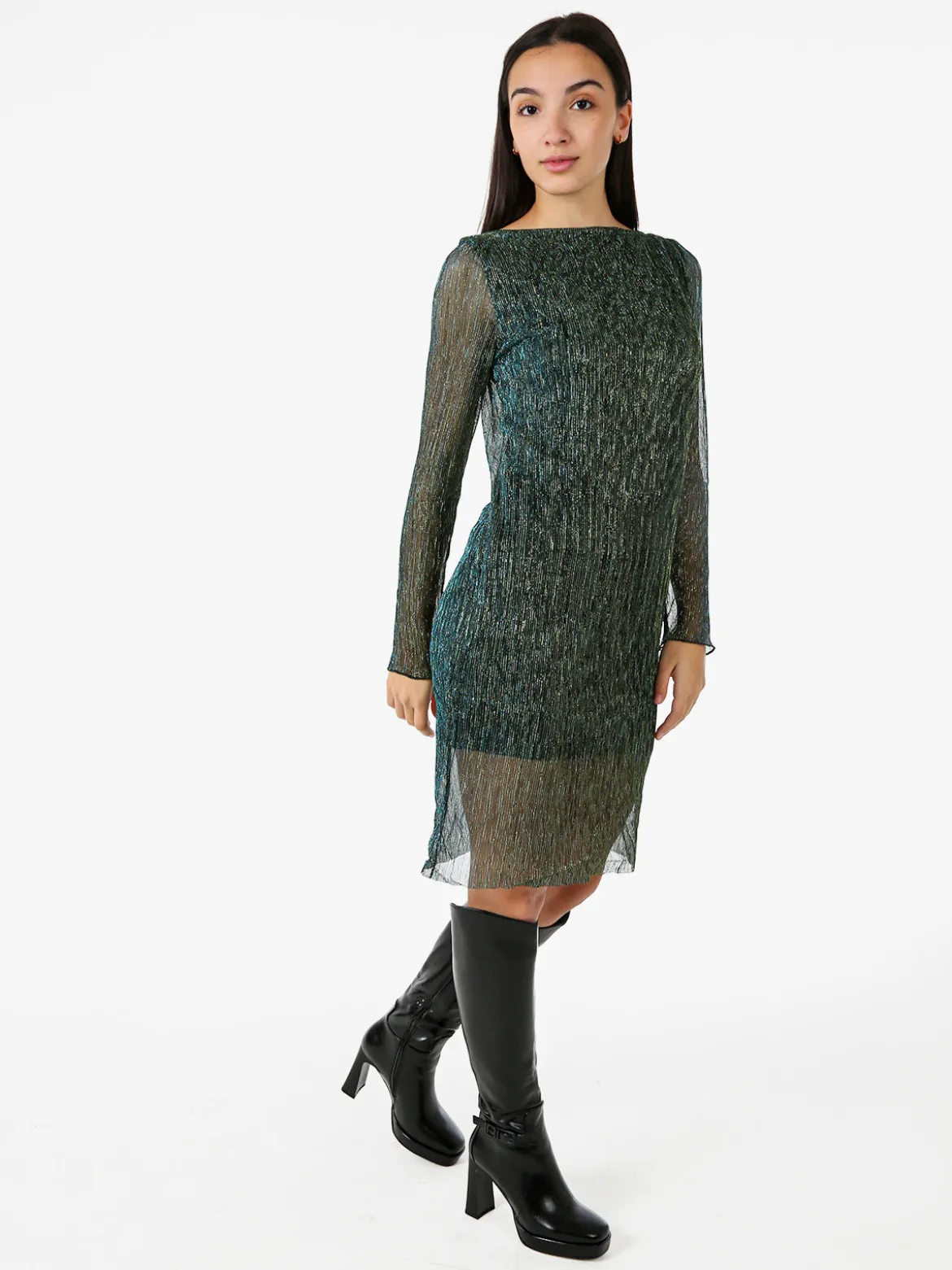 Sweet Miss Abito donna in lurex con maniche lunghe velate - ottanio