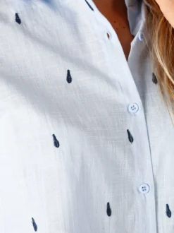 Sweet Miss Camicia donna in misto cotone e lino a maniche lunghe con ricami a goccia - azzurro