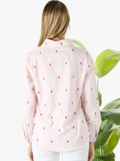 Sweet Miss Camicia donna in misto cotone e lino a maniche lunghe con ricami a goccia - rosa