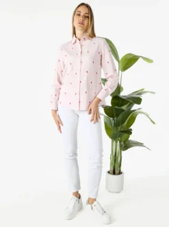 Sweet Miss Camicia donna in misto cotone e lino a maniche lunghe con ricami a goccia - rosa