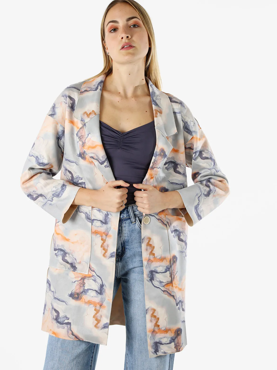 Sweet Miss Cappotto donna oversize in tessuto scamosciato con stampe - multicolore