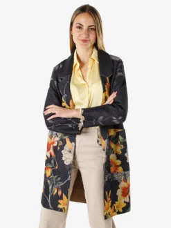 Sweet Miss Cappotto donna oversize in tessuto scamosciato con stampe floreali - nero