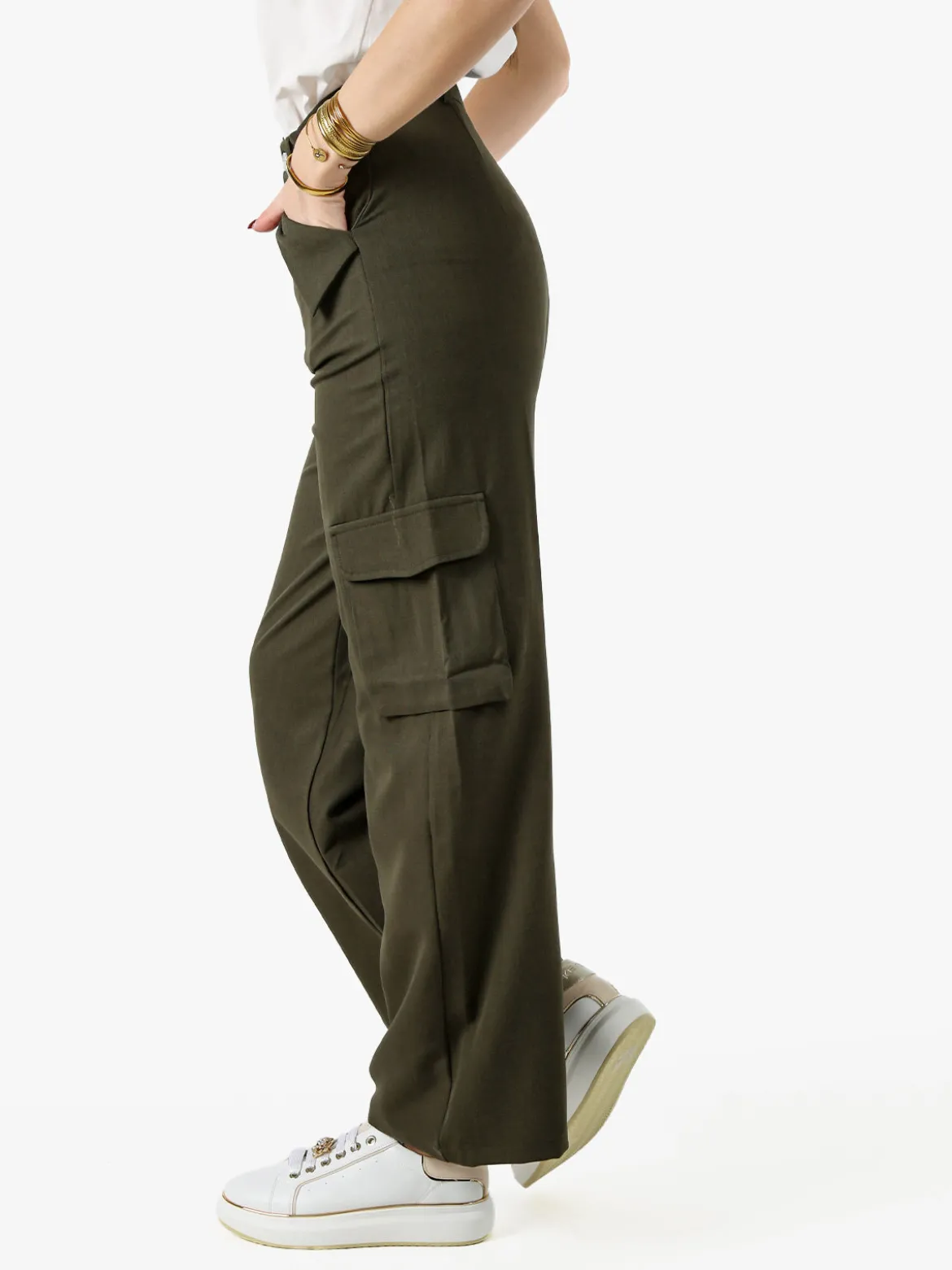Sweet Miss Pantaloni donna a palazzo con tasconi laterali - militare