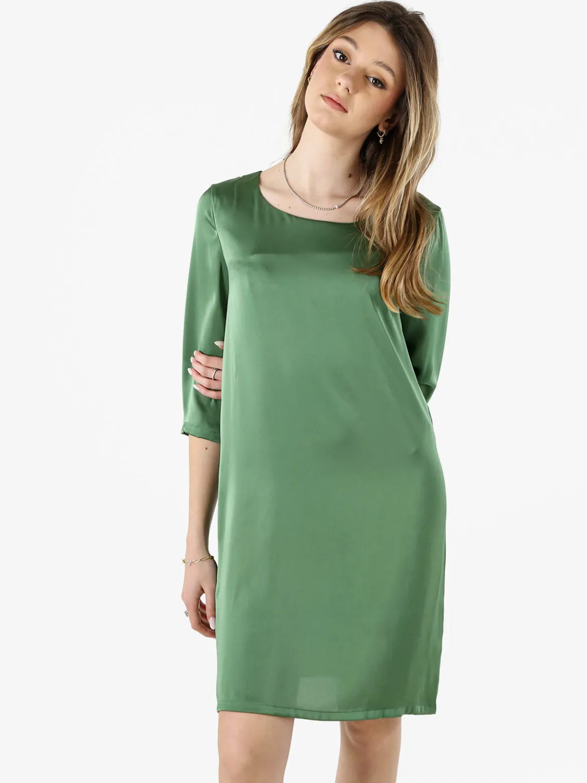 Sweet Miss Vestito donna con maniche a 3/4 in tessuto effetto raso - verde