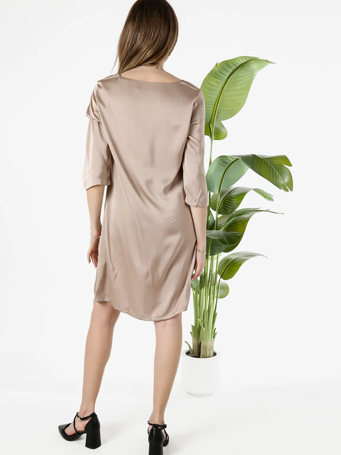 Sweet Miss Vestito donna con maniche a 3/4 in tessuto effetto raso - khaki