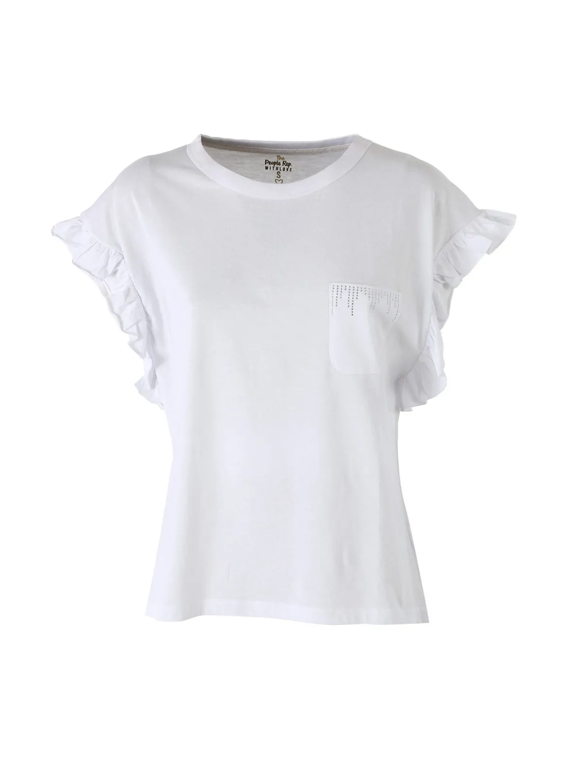 The People Rep T-shirt donna in cotone con maniche a volant e taschino di strass - bianco