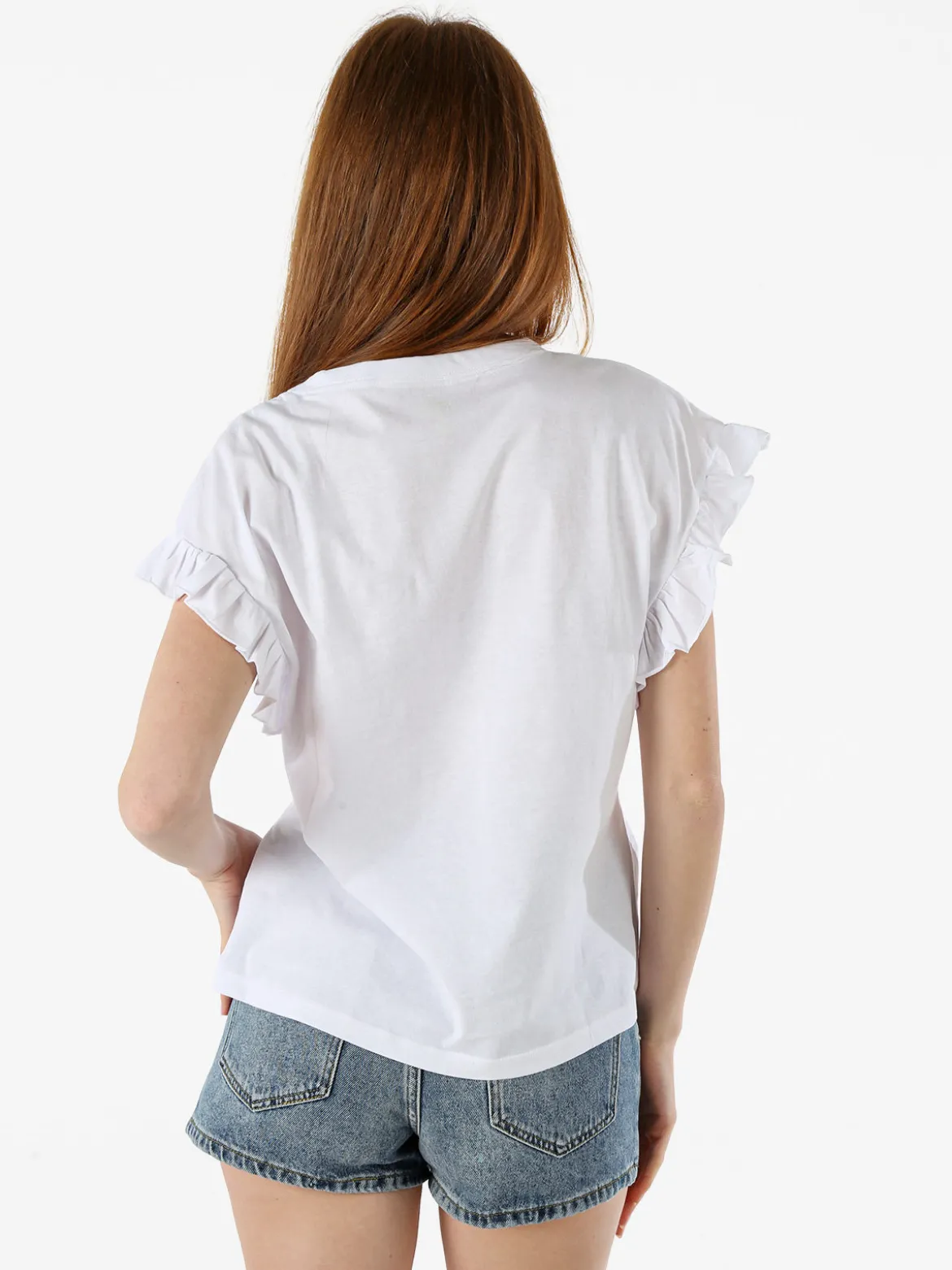 The People Rep T-shirt donna in cotone con maniche a volant e taschino di strass - bianco