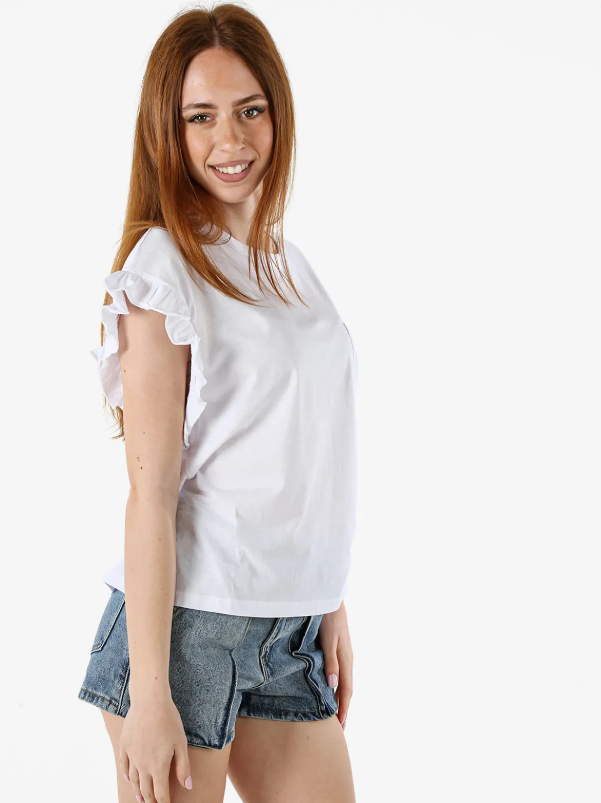 The People Rep T-shirt donna in cotone con maniche a volant e taschino di strass - bianco