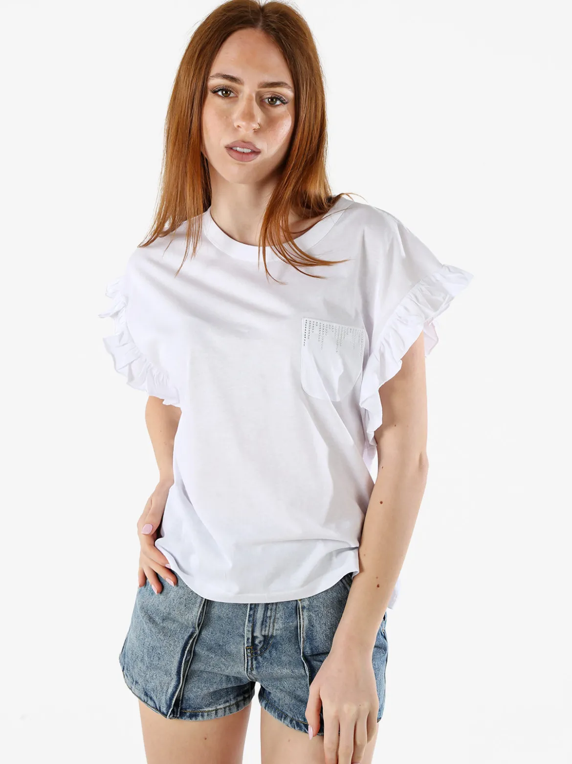 The People Rep T-shirt donna in cotone con maniche a volant e taschino di strass - bianco