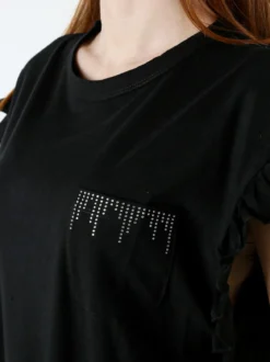The People Rep T-shirt donna in cotone con maniche a volant e taschino di strass - nero