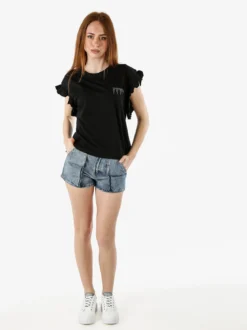 The People Rep T-shirt donna in cotone con maniche a volant e taschino di strass - nero