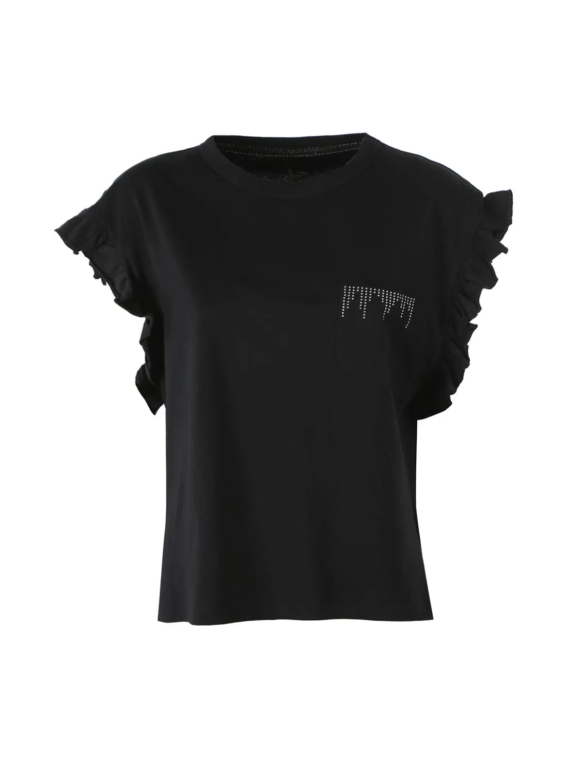 The People Rep T-shirt donna in cotone con maniche a volant e taschino di strass - nero