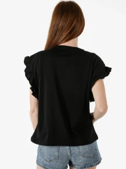 The People Rep T-shirt donna in cotone con maniche a volant e taschino di strass - nero