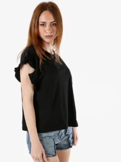 The People Rep T-shirt donna in cotone con maniche a volant e taschino di strass - nero
