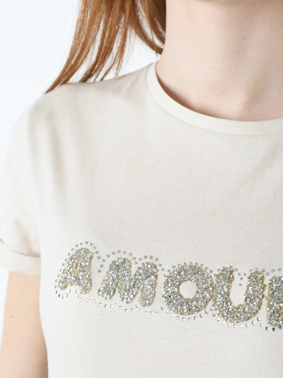 The People Rep T-shirt donna in cotone con scritta di strass e pietre - sabbia