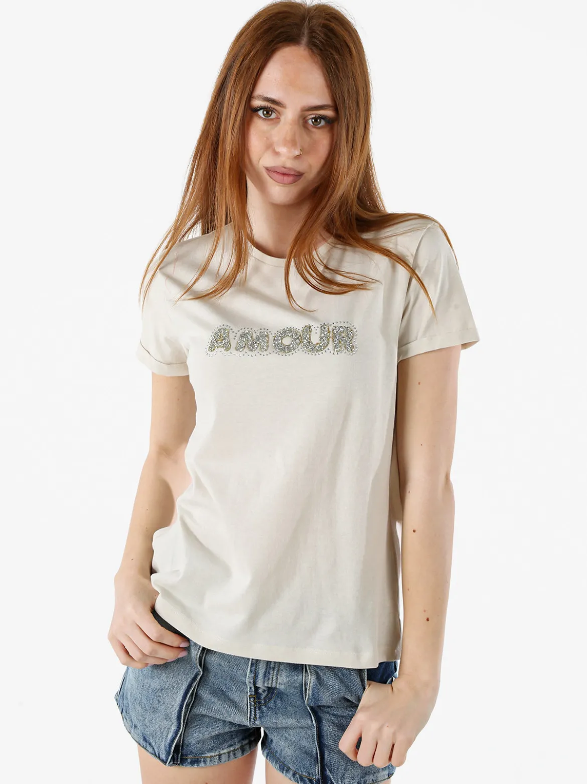 The People Rep T-shirt donna in cotone con scritta di strass e pietre - sabbia
