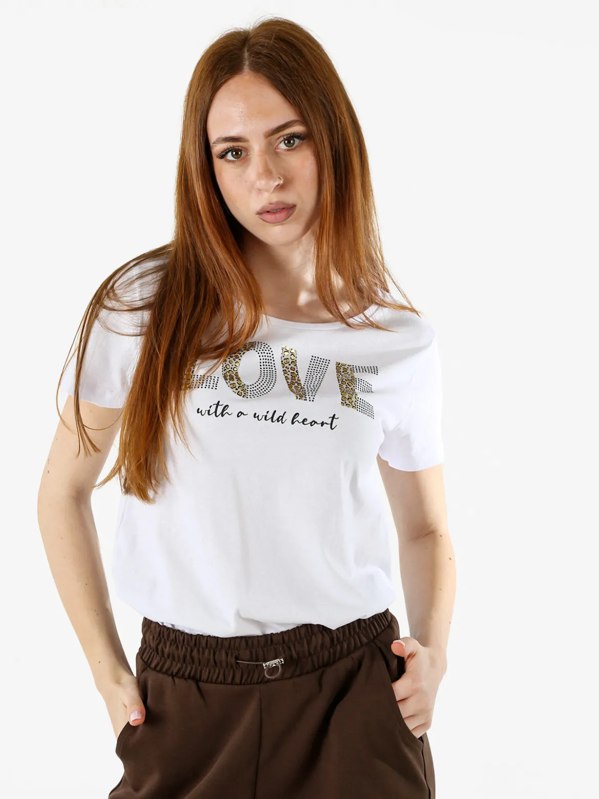 The People Rep T-shirt donna in cotone con stampa animalier e micro borchie - bianco