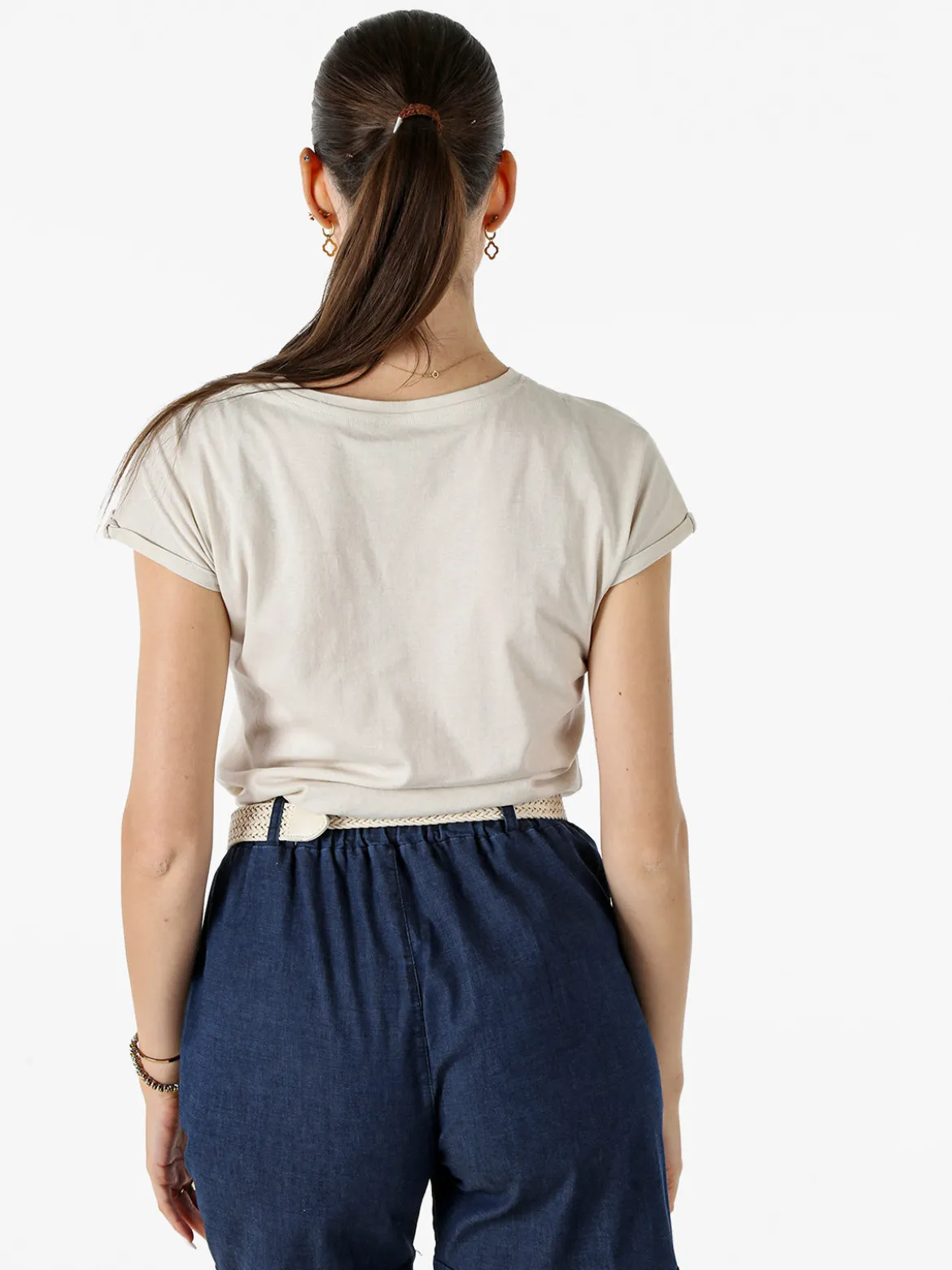 The People Rep T-shirt girocollo da donna in cotone con perline - beige