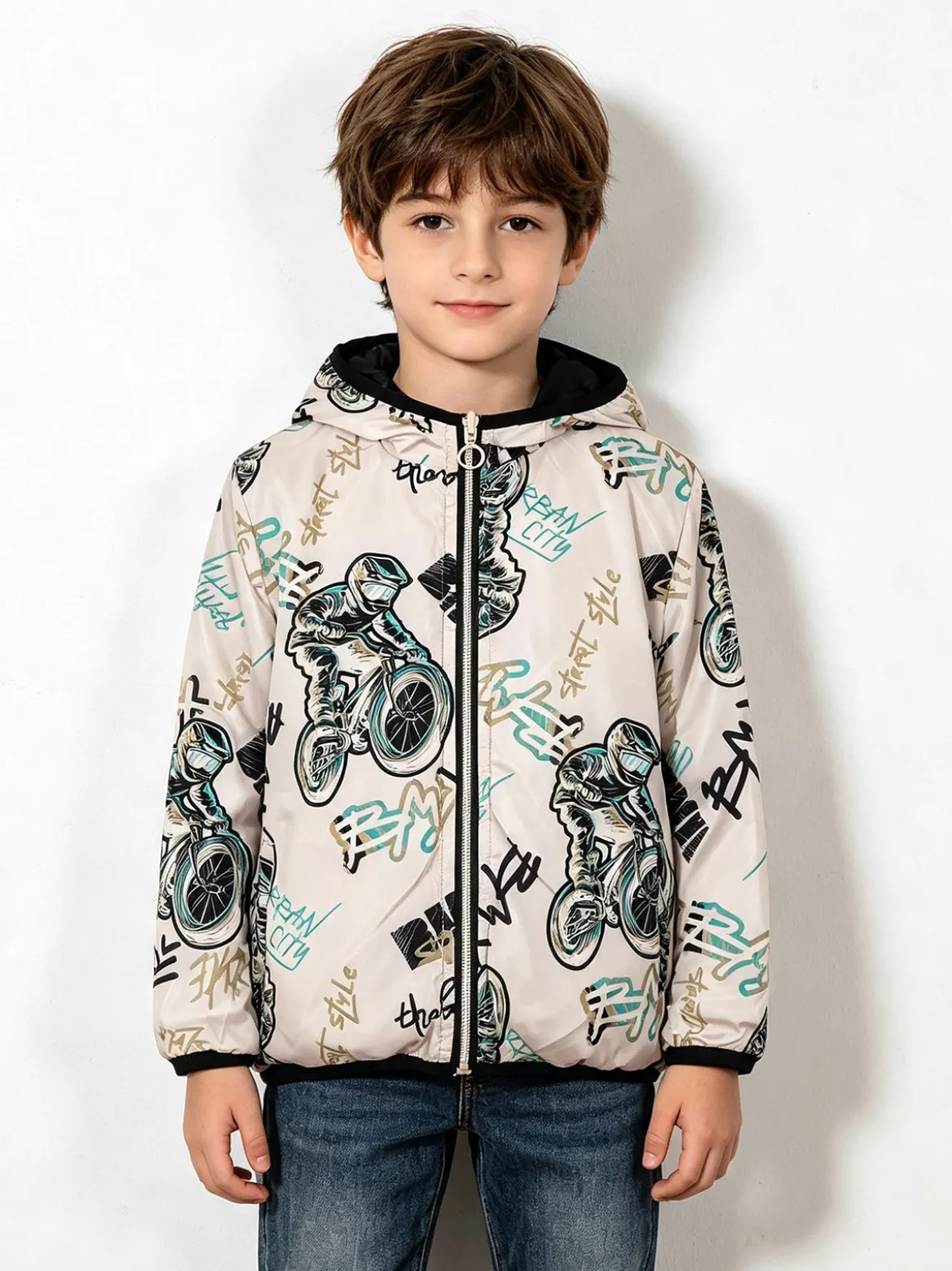 Top Style Giubbino 100 grammi da bambino reversibile con cappuccio e zip - nero