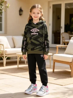 Umbro Completo tuta da ragazza 2 pezzi con cappuccio e interno felpato - militare