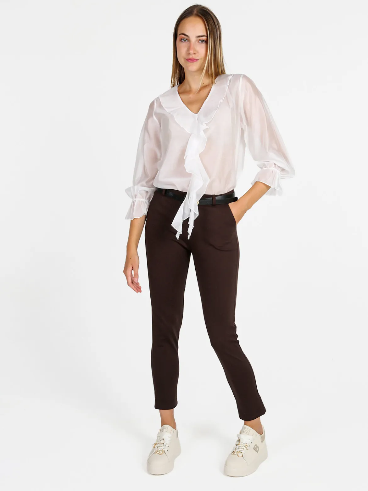 Unique Blusa donna a maniche lunghe con volant