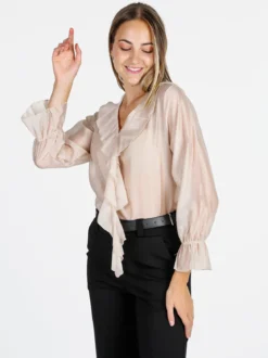 Unique Blusa donna a maniche lunghe con volant - beige