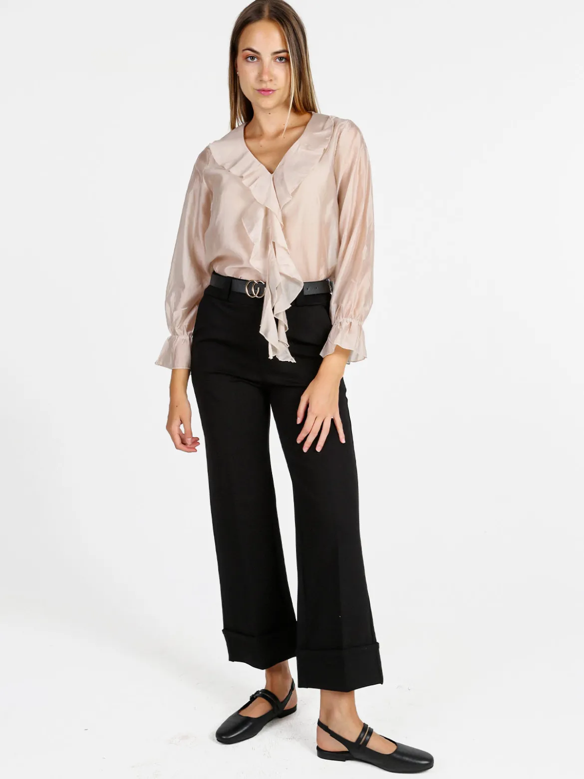 Unique Blusa donna a maniche lunghe con volant - beige