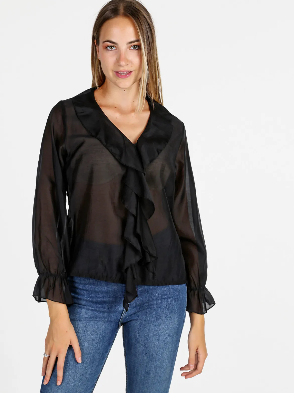 Unique Blusa donna a maniche lunghe con volant - nero