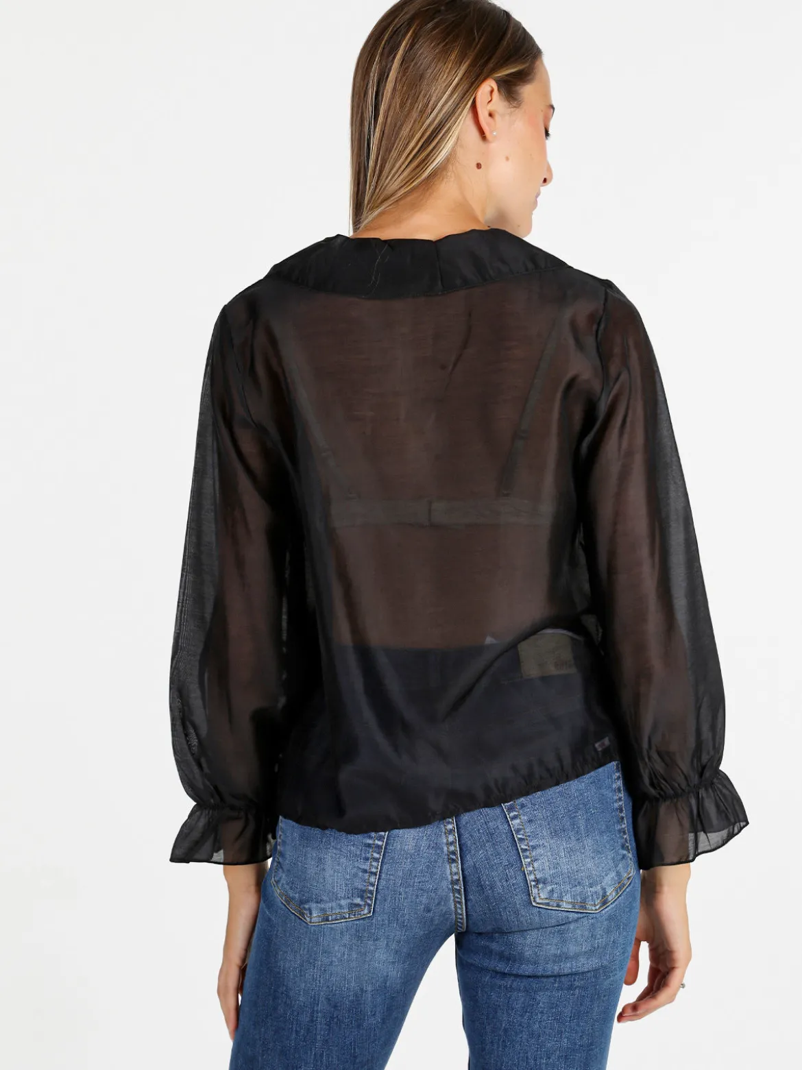 Unique Blusa donna a maniche lunghe con volant - nero