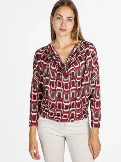 Unique Blusa donna fantasia con scollo a cascata - bordeaux