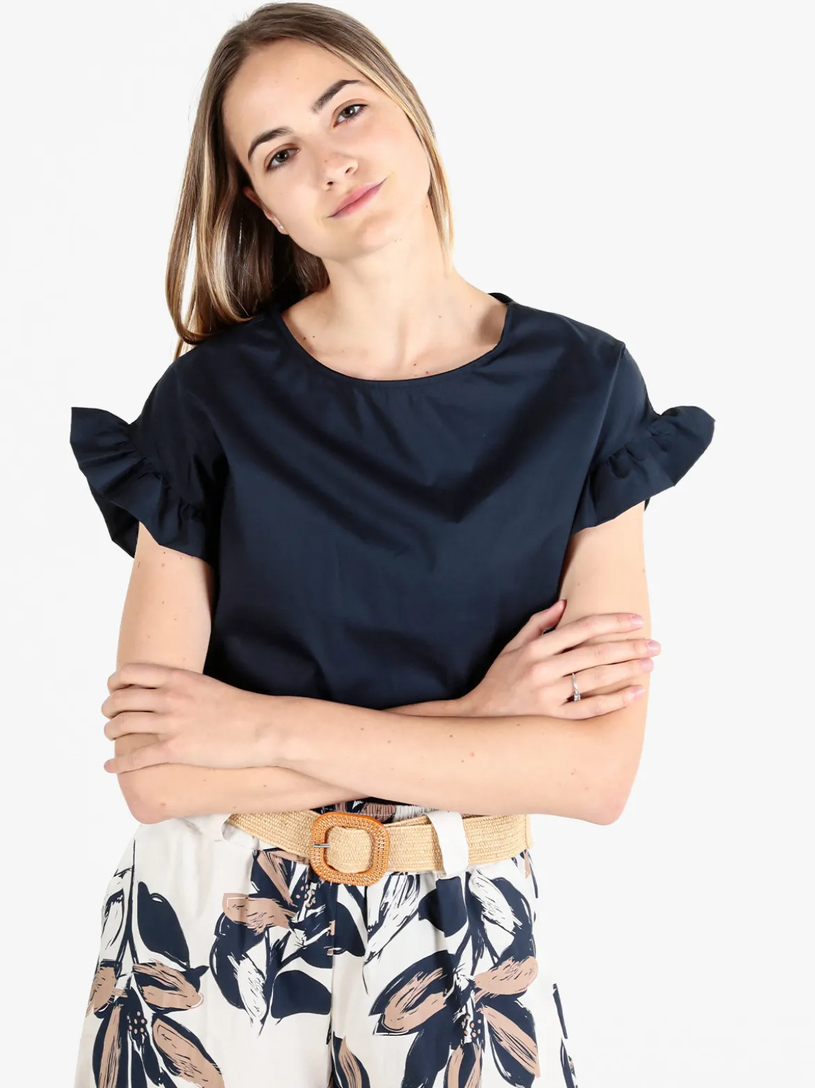 Unique Blusa donna in cotone con maniche corte a volant