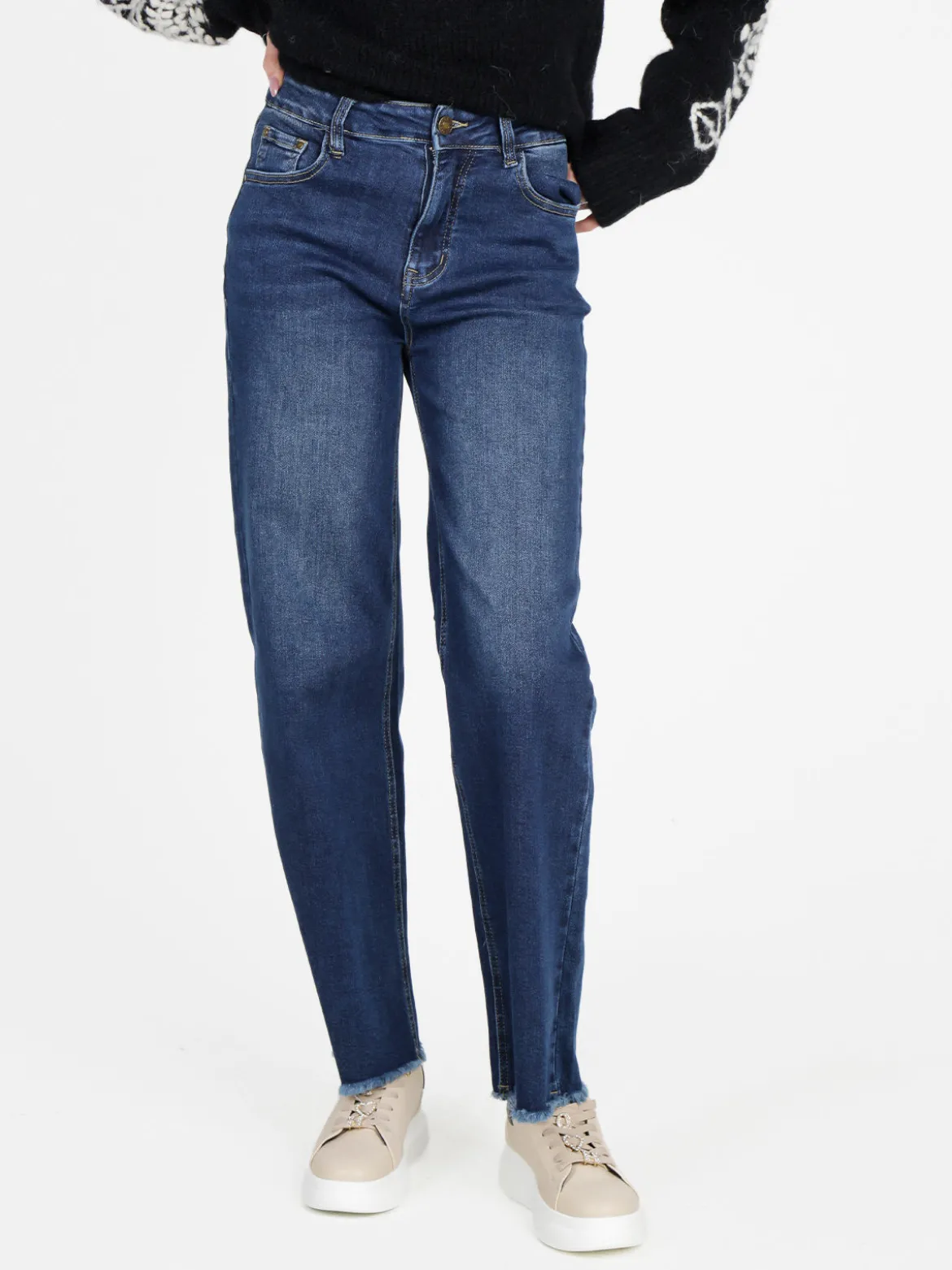 Vale Denim Jeans donna wide leg sfrangiati a vita alta