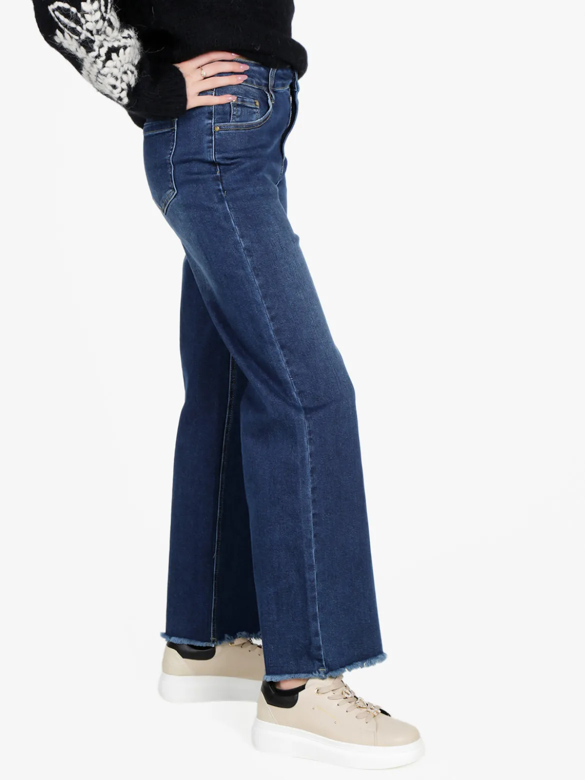 Vale Denim Jeans donna wide leg sfrangiati a vita alta