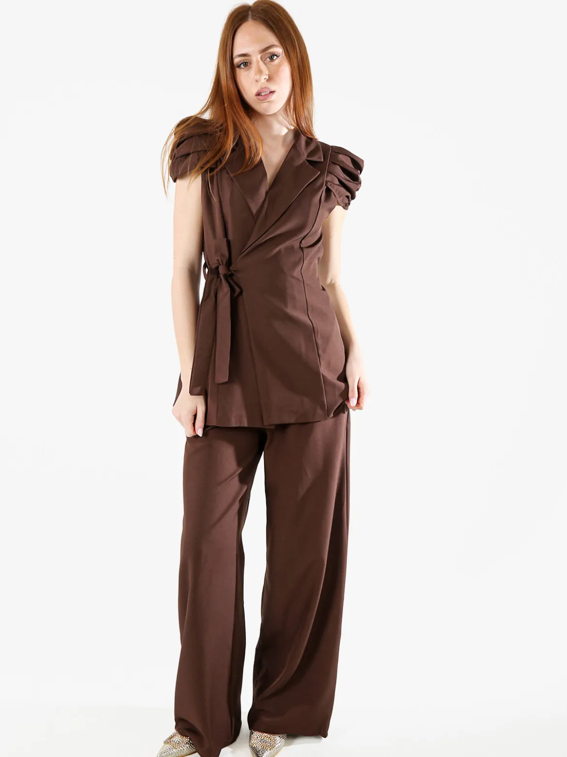 Vanita Blazer donna incrociato a maniche corte con spalle a sbuffo - moro