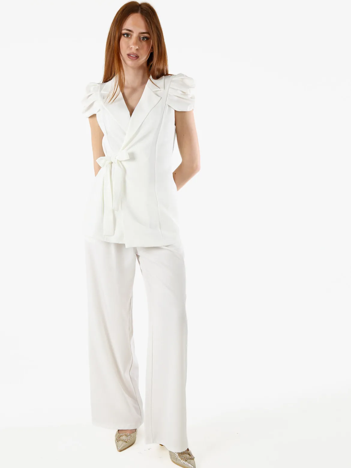 Vanita Blazer donna incrociato a maniche corte con spalle a sbuffo - bianco