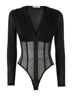 Vestella Top body donna elegante a maniche lunghe con inserti a rete - nero