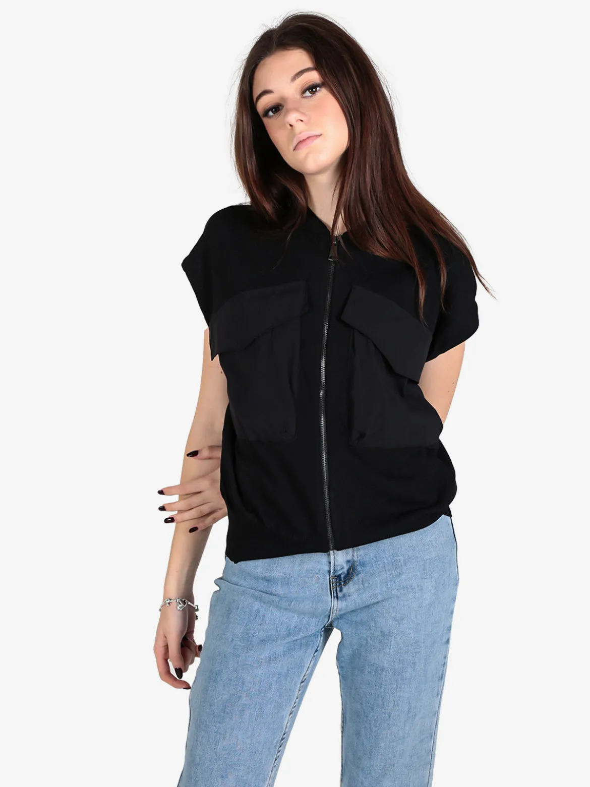Vicbee Maglia donna senza maniche con zip e tasche
