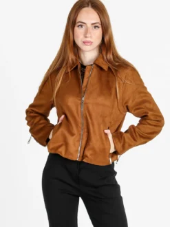 W Collection Giacca donna scamosciata con colletto e zip - marrone