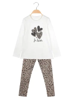 Yes! Do Kid'S Completo 2 pezzi da bambina con maglietta e leggings animalier - bianco