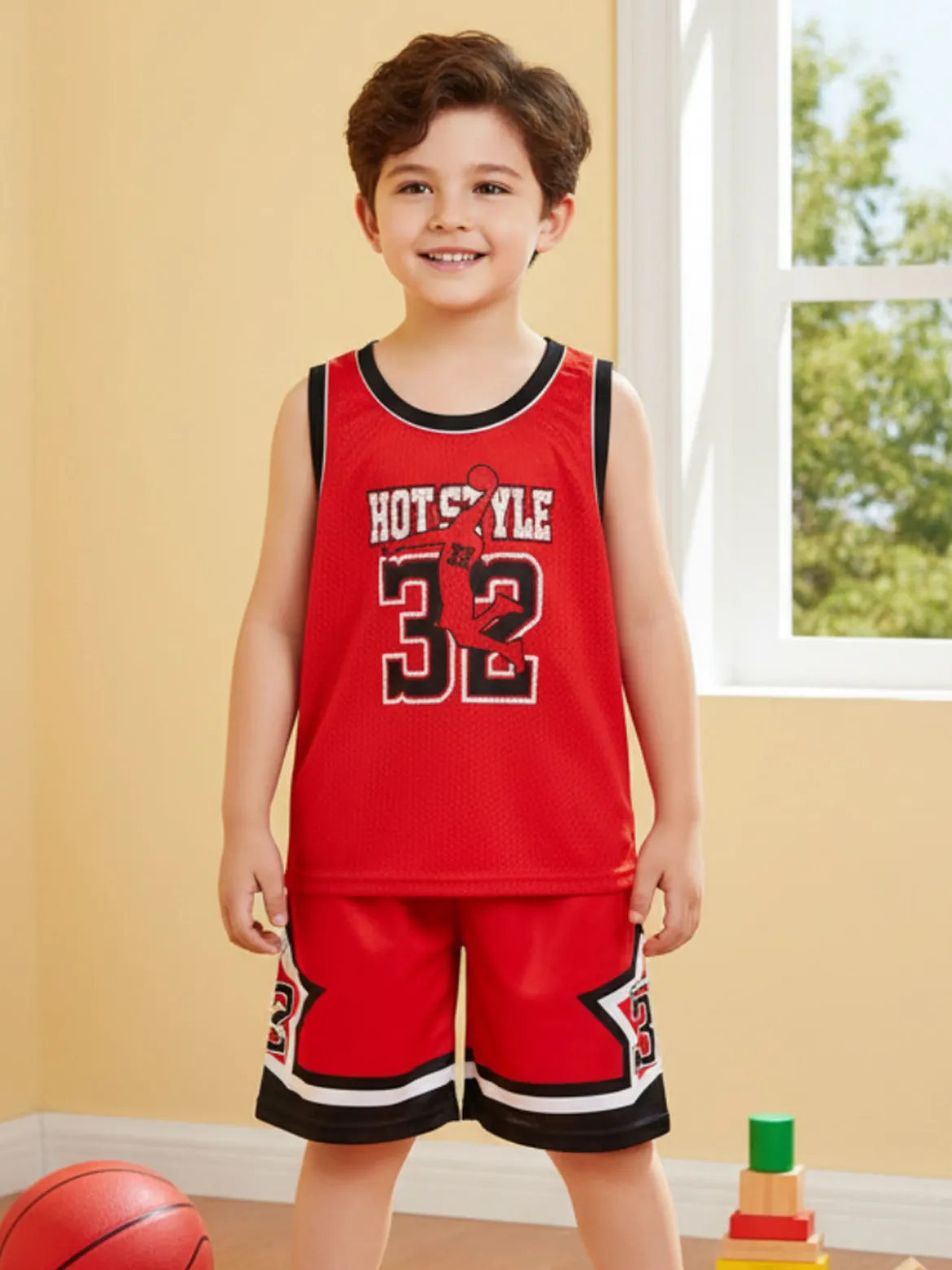 Yi Boy Completo corto da bambino con canotta sportiva e bermuda - rosso