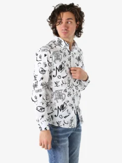 Y.Two Camicia da uomo in cotone a maniche lunghe con stampe - bianco