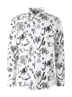 Y.Two Camicia da uomo in cotone a maniche lunghe con stampe - bianco